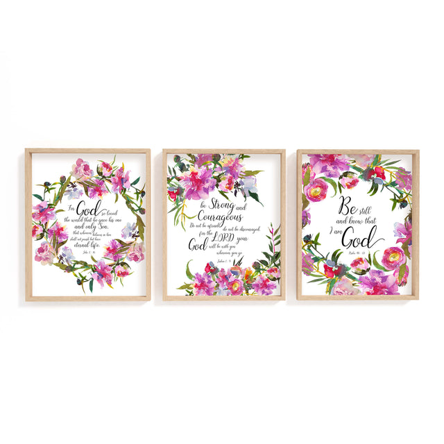John 3 16 floral Bible verse art with blooming pink and red flowers celebrating God’s love for the world.
