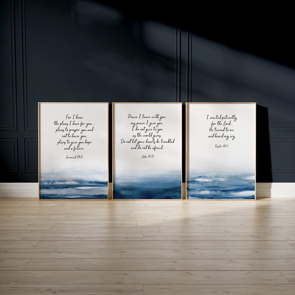 Bible Quotes on Abstract Watercolor Prints Set of 3, Blue Watercolor Scripture Prints for Religious Gifts