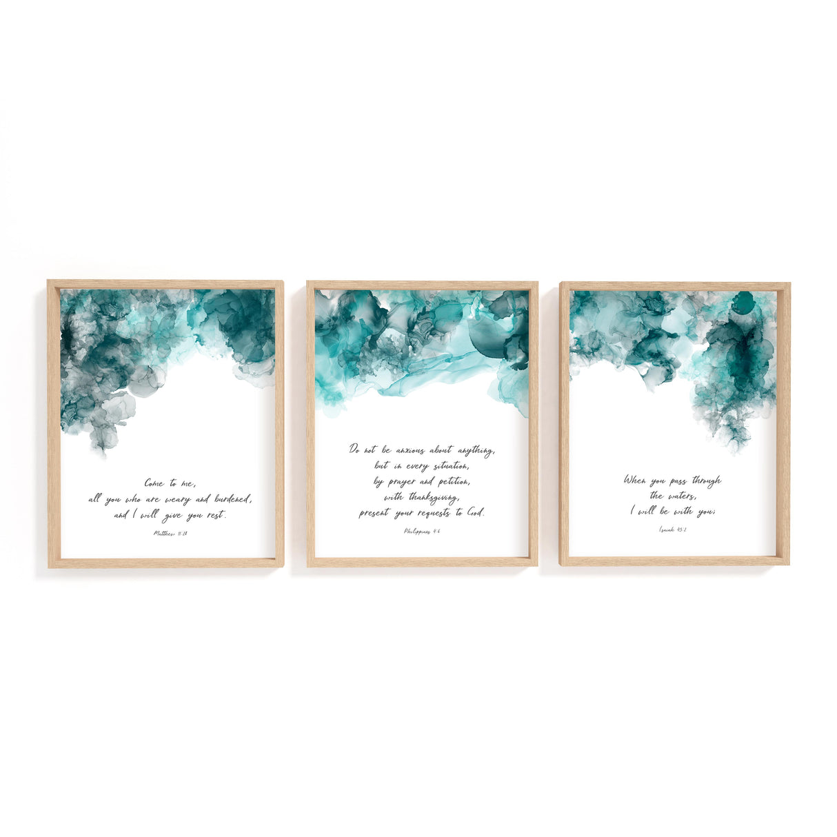 Christian abstract art set of 3 with flowing ink design and encouraging Bible verses in soothing colours.