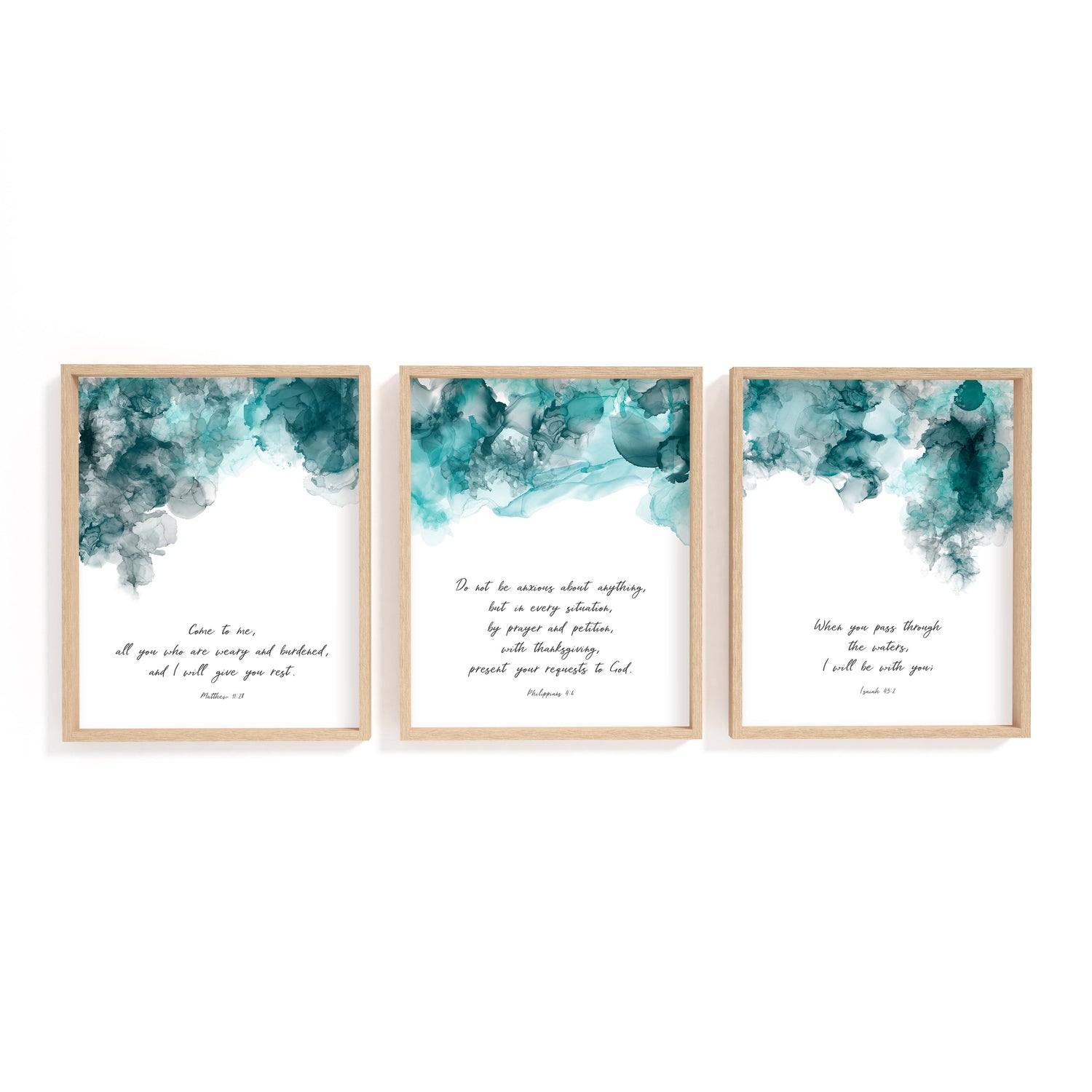 Christian abstract art set of 3 with flowing ink design and encouraging Bible verses in soothing colours.