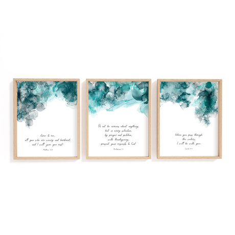 Christian abstract art set of 3 with flowing ink design and encouraging Bible verses in soothing colours.