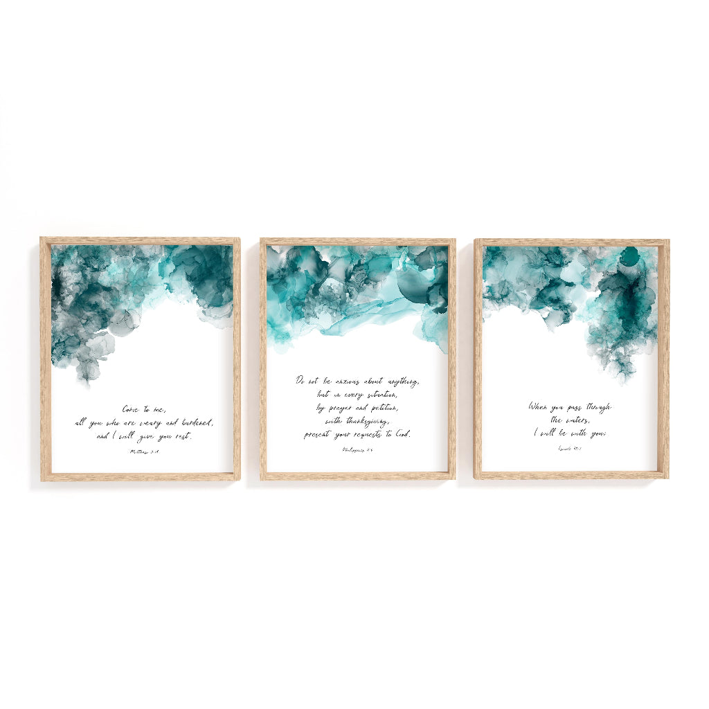 Christian abstract art set of 3 with flowing ink design and encouraging Bible verses in soothing colours.