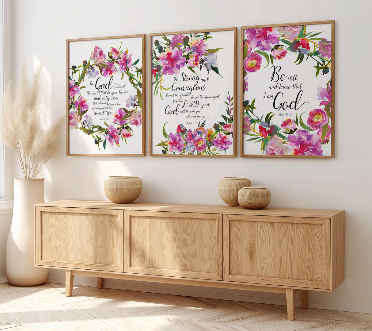 Joshua 1 9 floral Christian print with pink and red flowers encouraging courage and God’s presence.