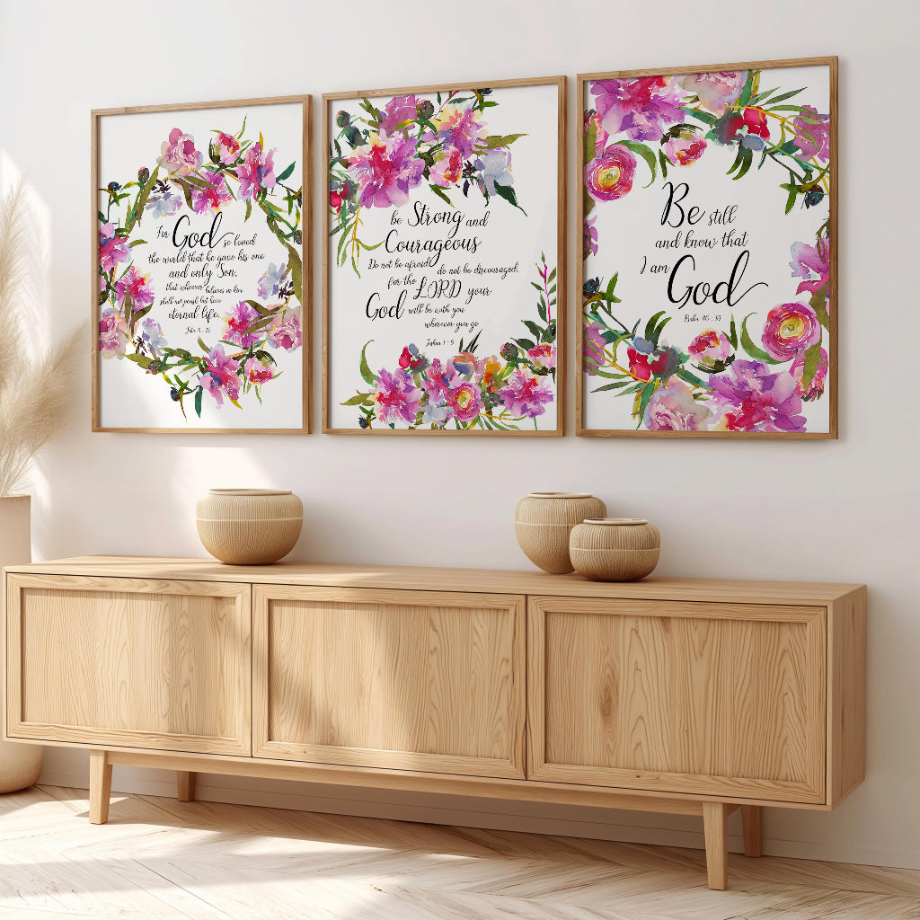 Joshua 1 9 floral Christian print with pink and red flowers encouraging courage and God’s presence.