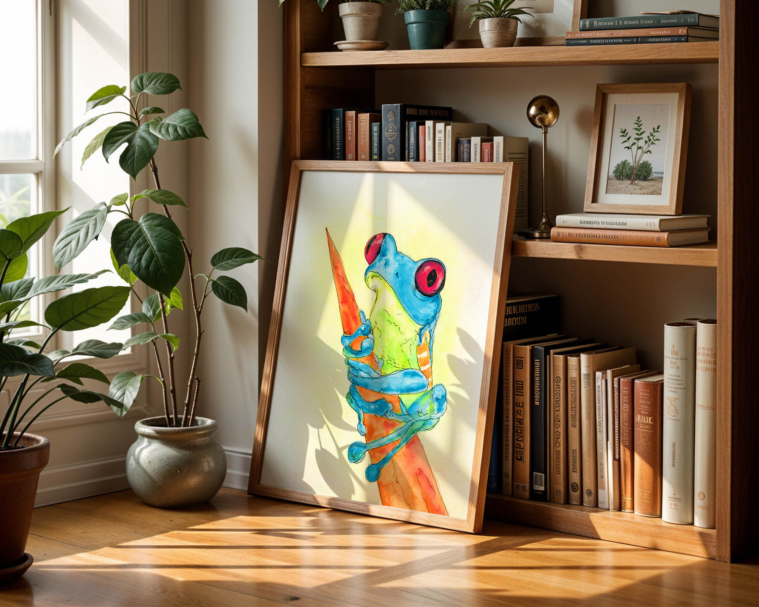 Blue Frog watercolour artwork showing an amphibian in gentle tones, perfect for serene and modern interiors.