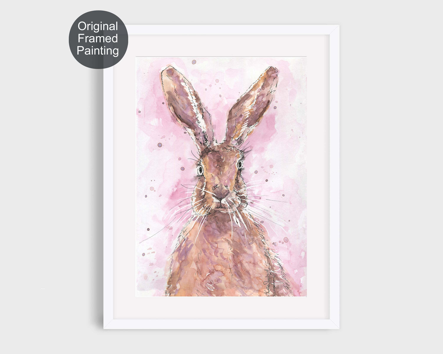 Original watercolour painting of a hare with pink background and black ink detail