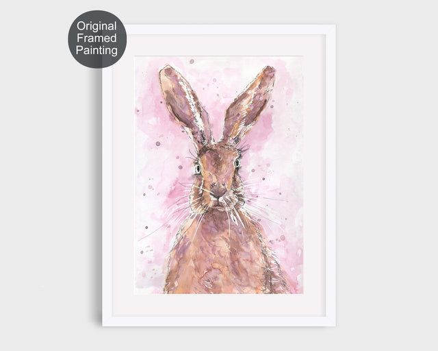 Original watercolour painting of a hare with pink background and black ink detail