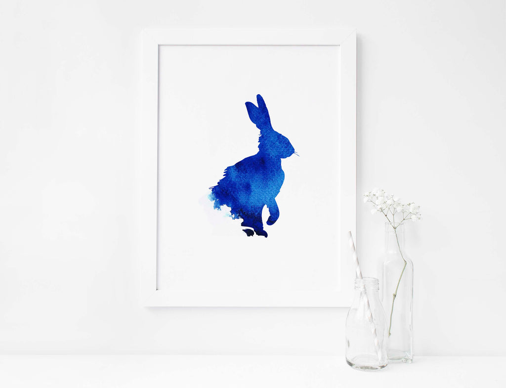 Blue watercolor minimalist wildlife wall print, Artistic simplicity: Blue hare silhouette painting, Nature-inspired decor