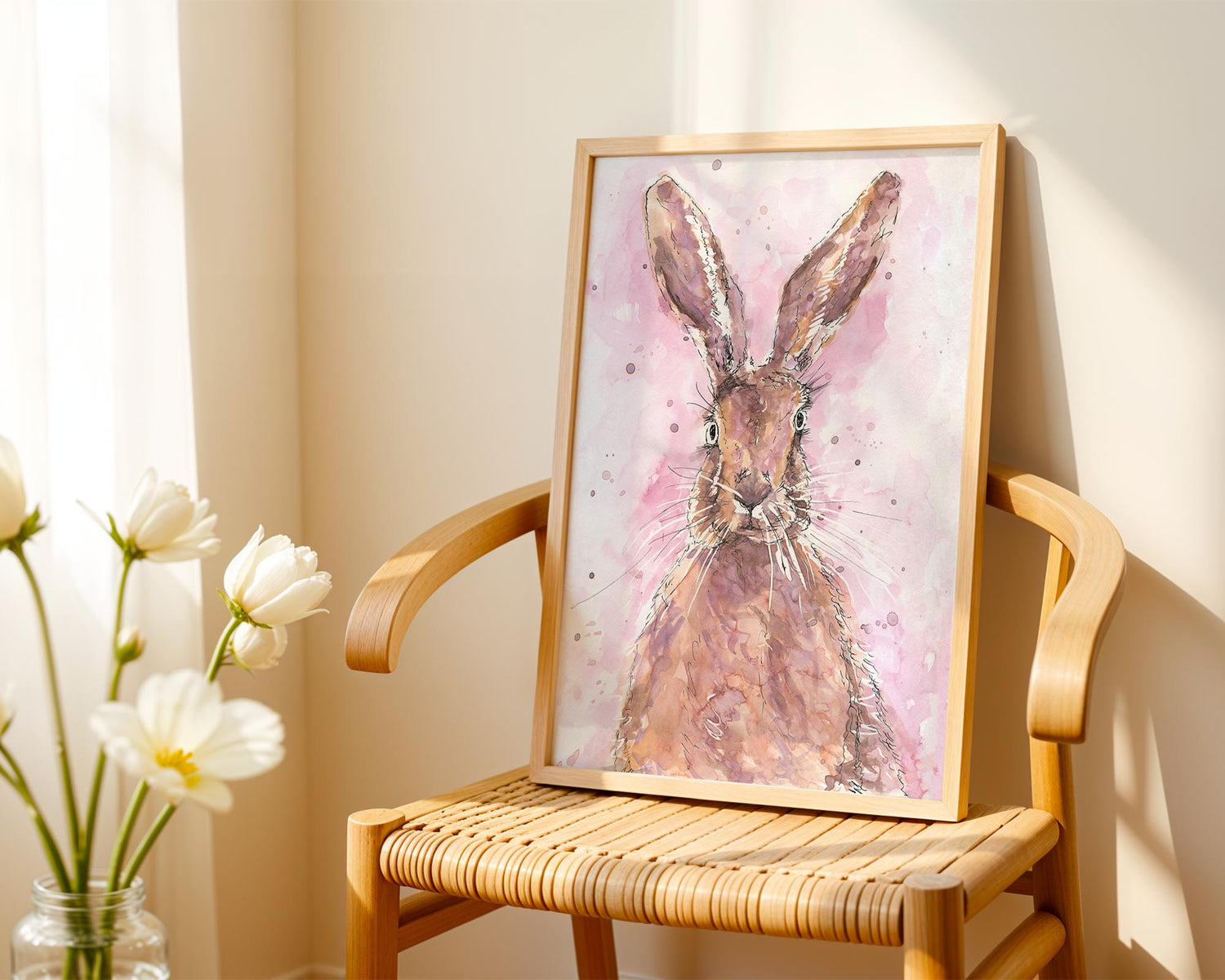 Loosely painted brown hare illustration with black ink details and soft pink backdrop.
