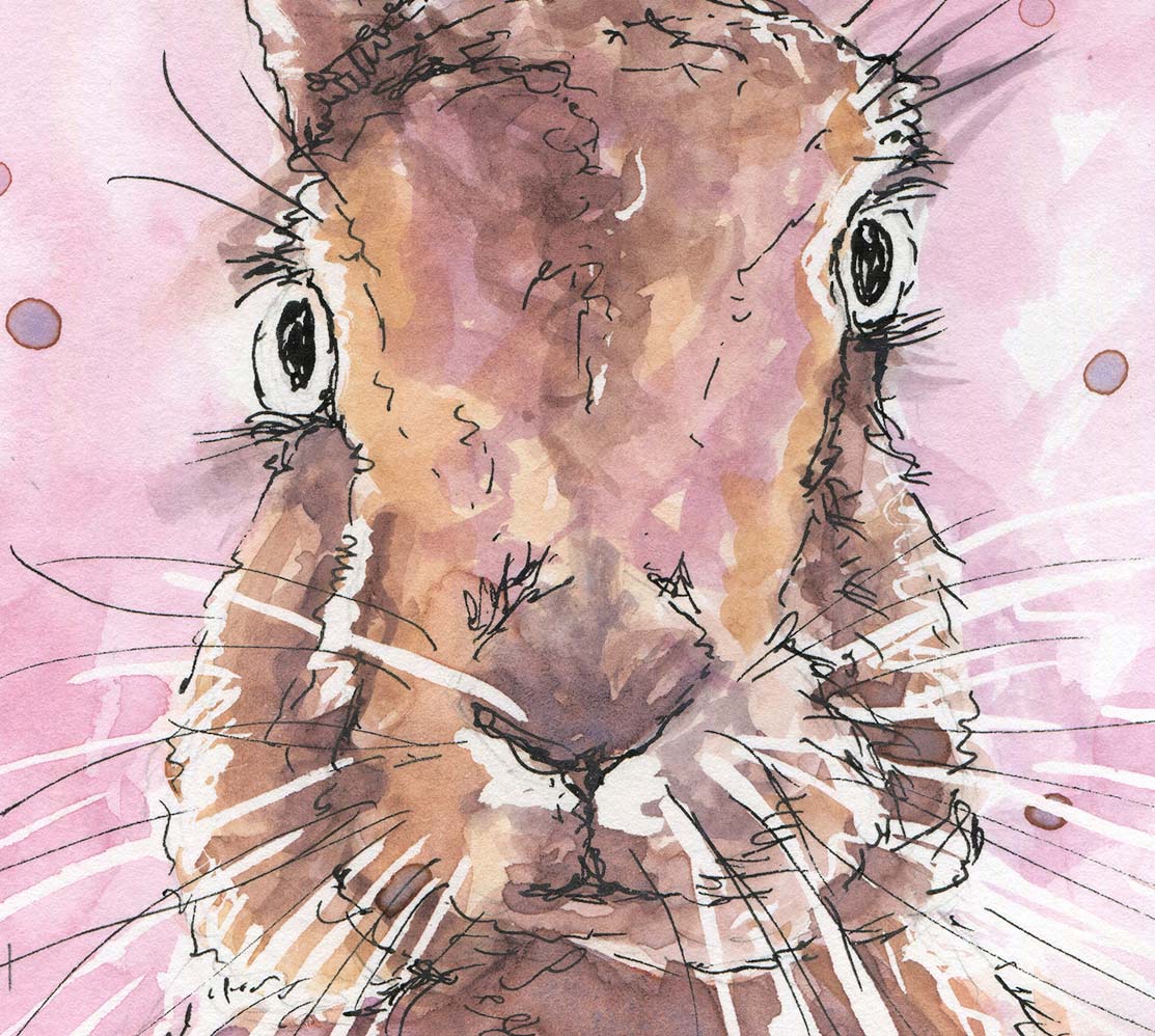 Brown and beige hare art with pink backdrop and expressive paint spatters