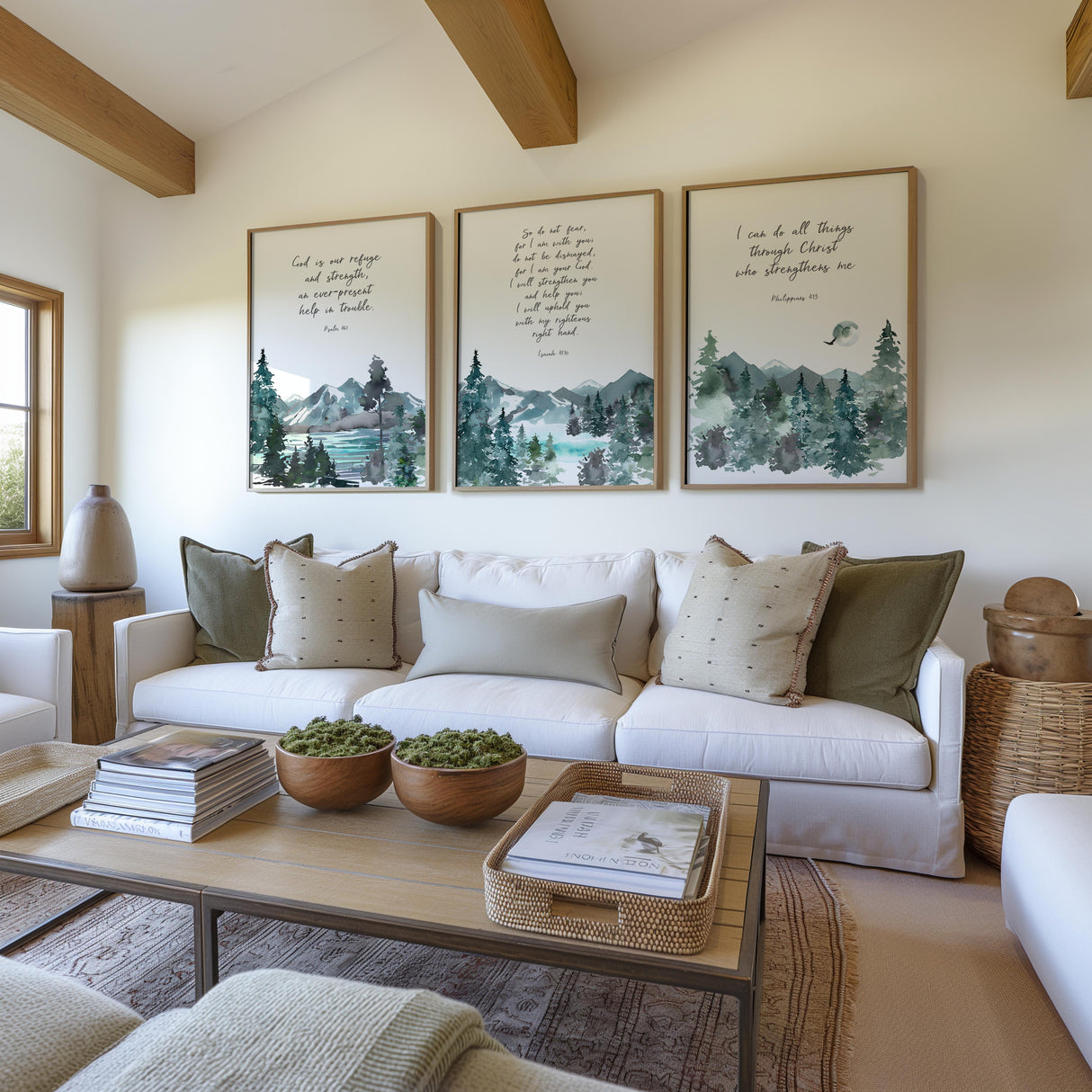 Philippians 4:13 scripture print with green and blue watercolour mountain background and inspiring Christian message.