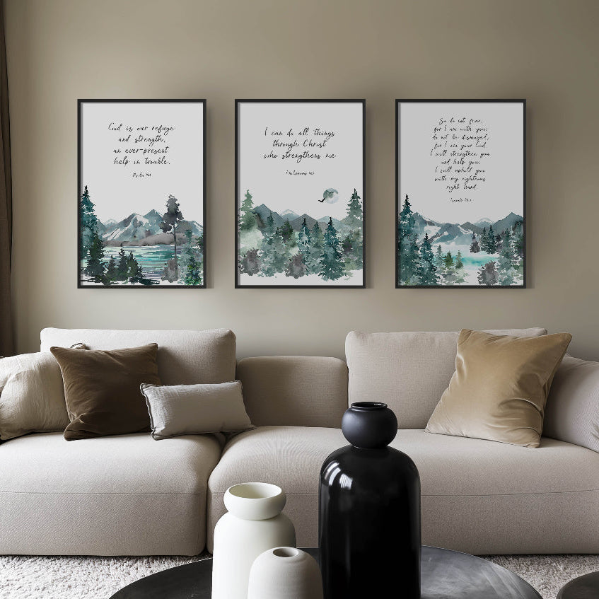 Isaiah 41:10 Bible verse artwork with mountain scene, reminding us not to fear and that God will uphold us.