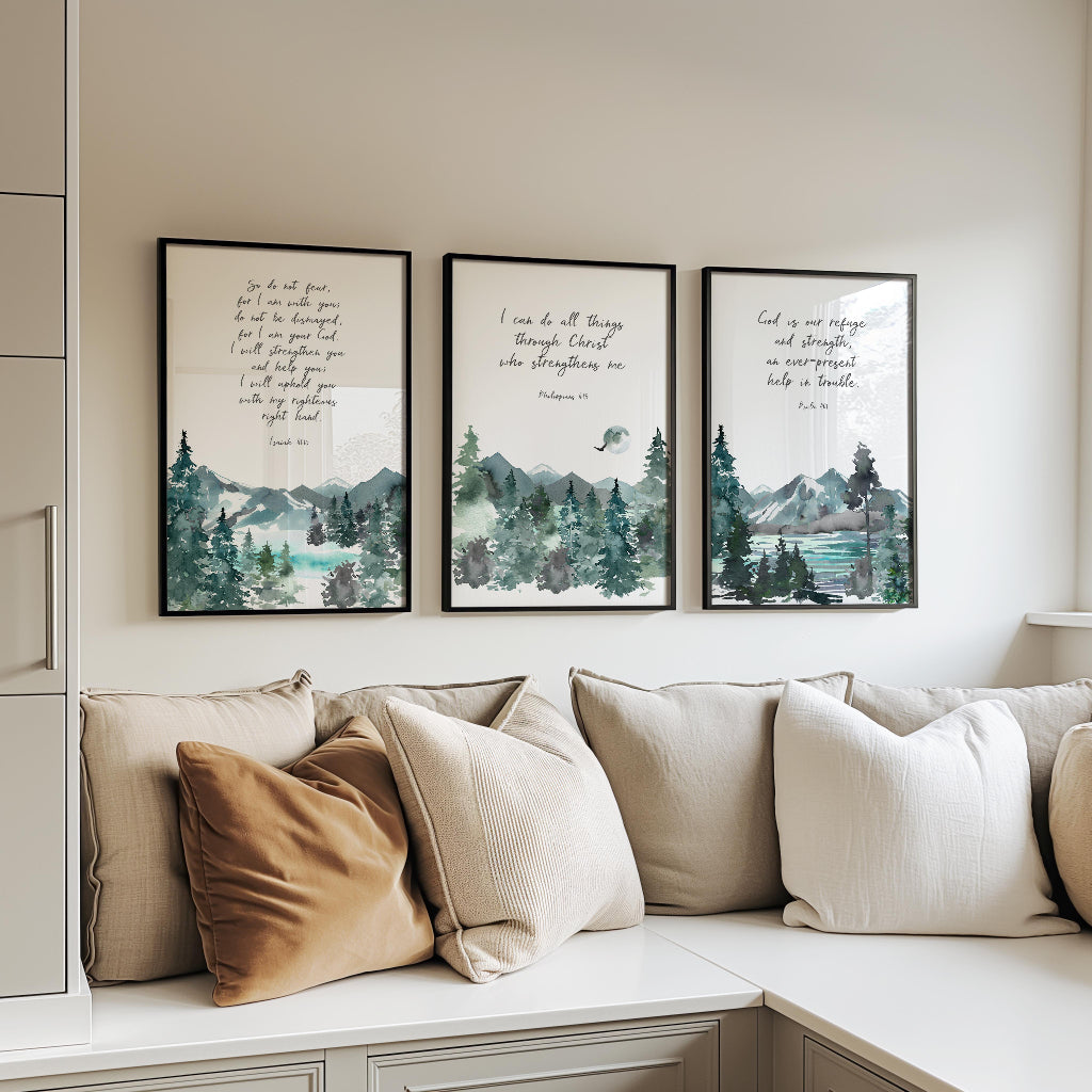 Set of 3 Christian prints with peaceful mountain designs and verses about strength, comfort, and divine presence.