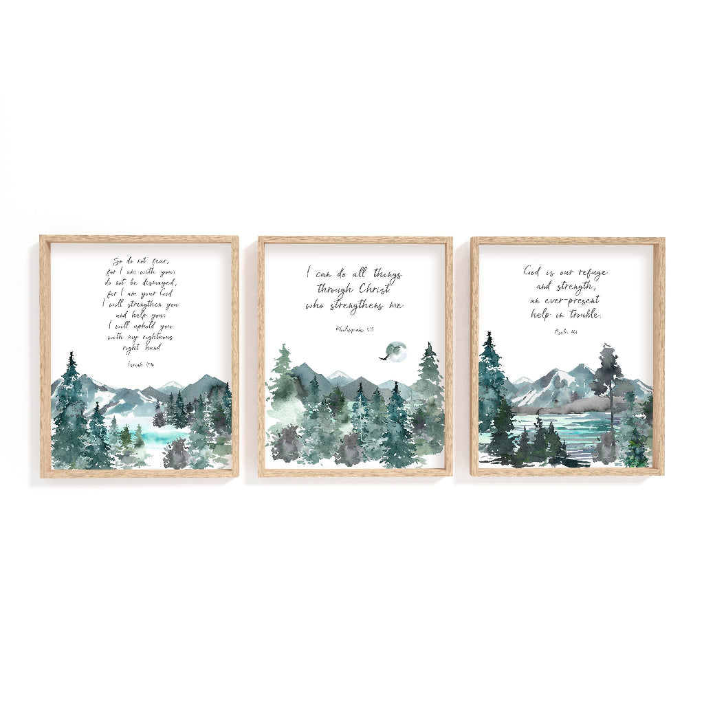 Bible verse wall art set featuring watercolour mountains and Psalm 46:1 about God's help in times of trouble.