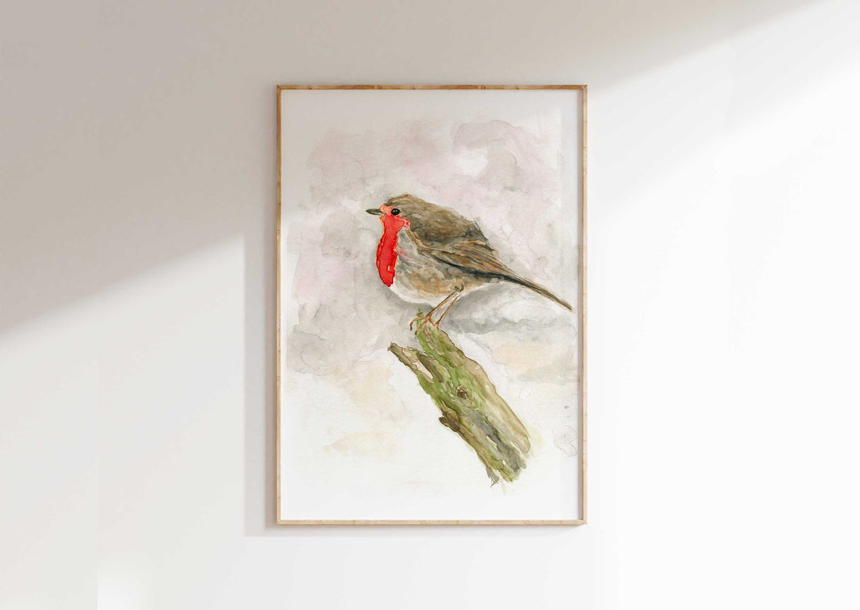 Nature-themed wall art print of a red-breasted robin in watercolour, lovely addition to any cosy home.