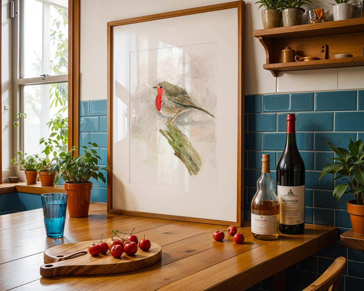 Beautiful robin wall art print, delicate watercolour bird painting in soft natural colours, ideal for home decor.