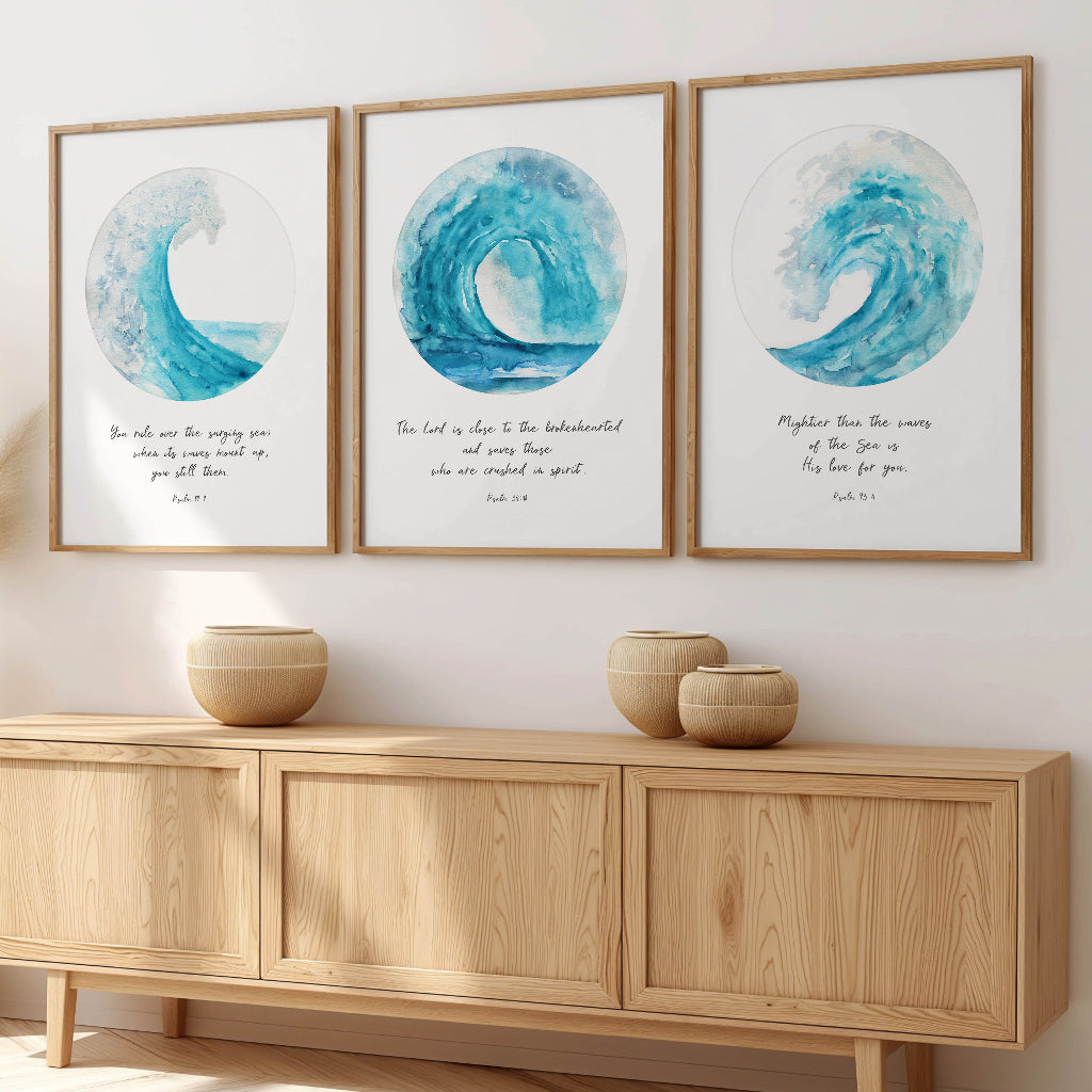 Christian ocean-themed print set featuring turquoise waves and Psalm 89:9 about God calming the sea.