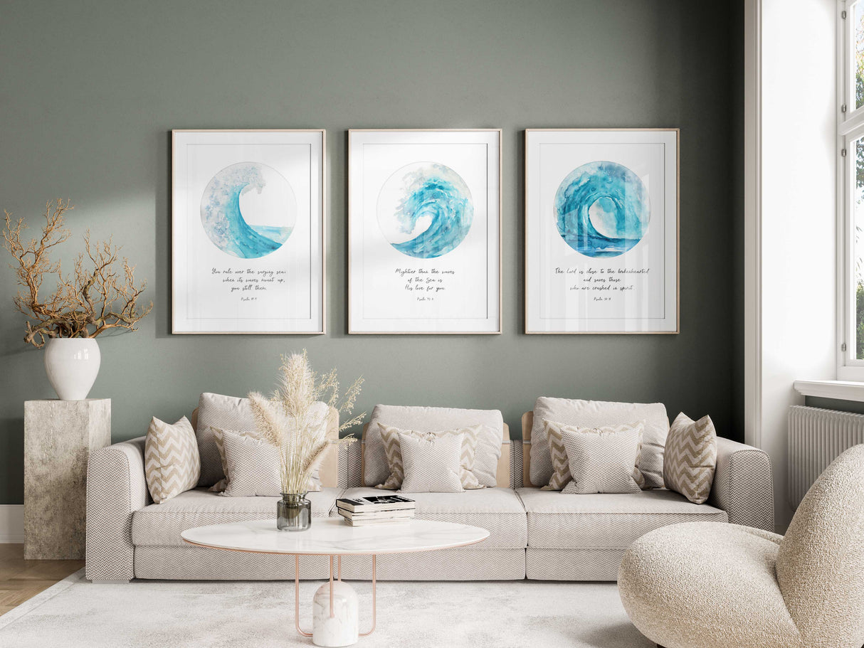 Psalm 89:9 watercolor ocean art, Bible verse print set with ocean theme, Inspirational watercolor ocean prints