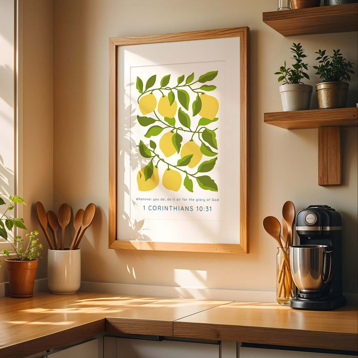 Bible verse wall art with lemons and leaves, quoting 1 Corinthians 10:31 for a cheerful and inspiring Christian reminder.