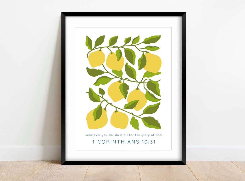 Lemon and leaf design with Bible verse print, Whimsical Christian wall art with 'glory of God' quote