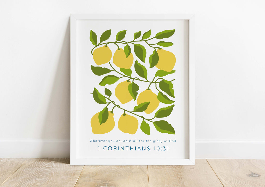 Inspirational Christian home decoration with lemons, Lemons and leaves Christian art for positive vibes, 1 Corinthians 10 31 print