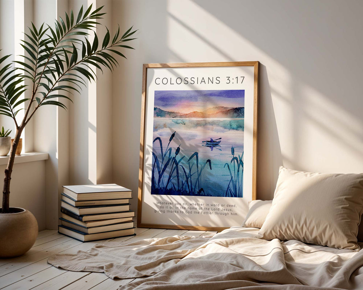 Mountain and river Bible print encouraging gratitude and purpose through faith. Faith-based wall decor with a scenic landscape and a verse about honouring Christ in word and deed.