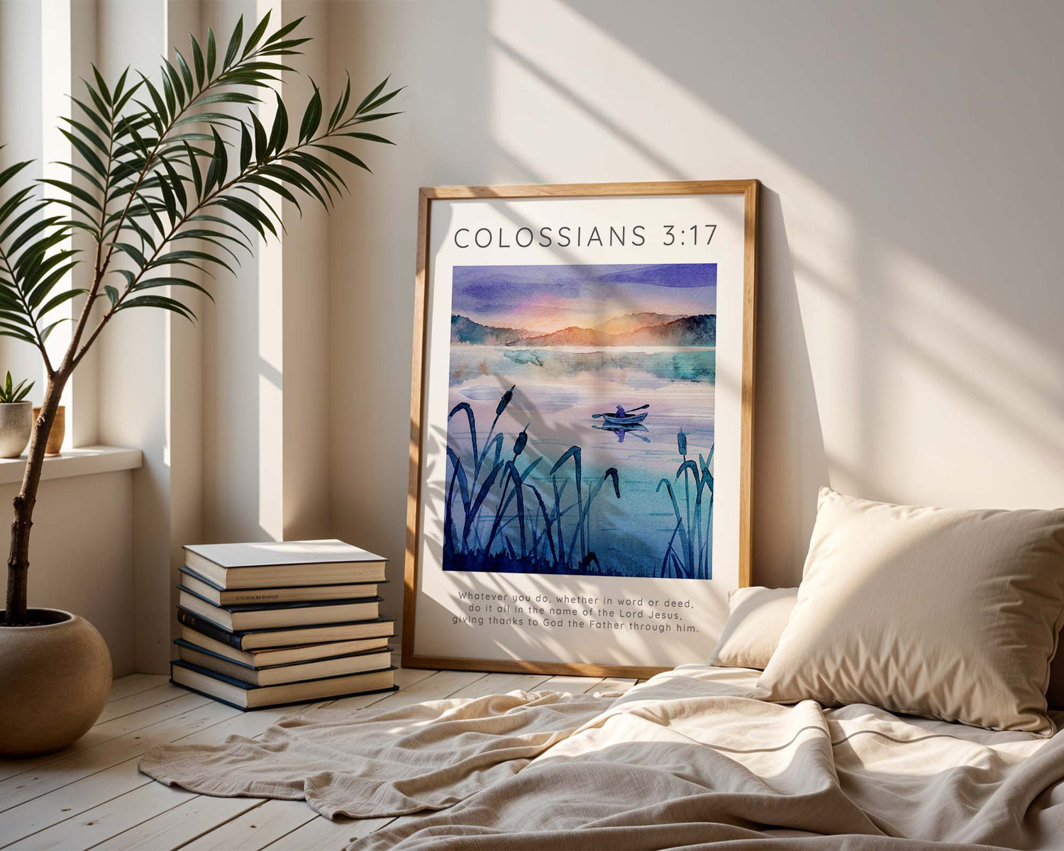 Mountain and river Bible print encouraging gratitude and purpose through faith. Faith-based wall decor with a scenic landscape and a verse about honouring Christ in word and deed.