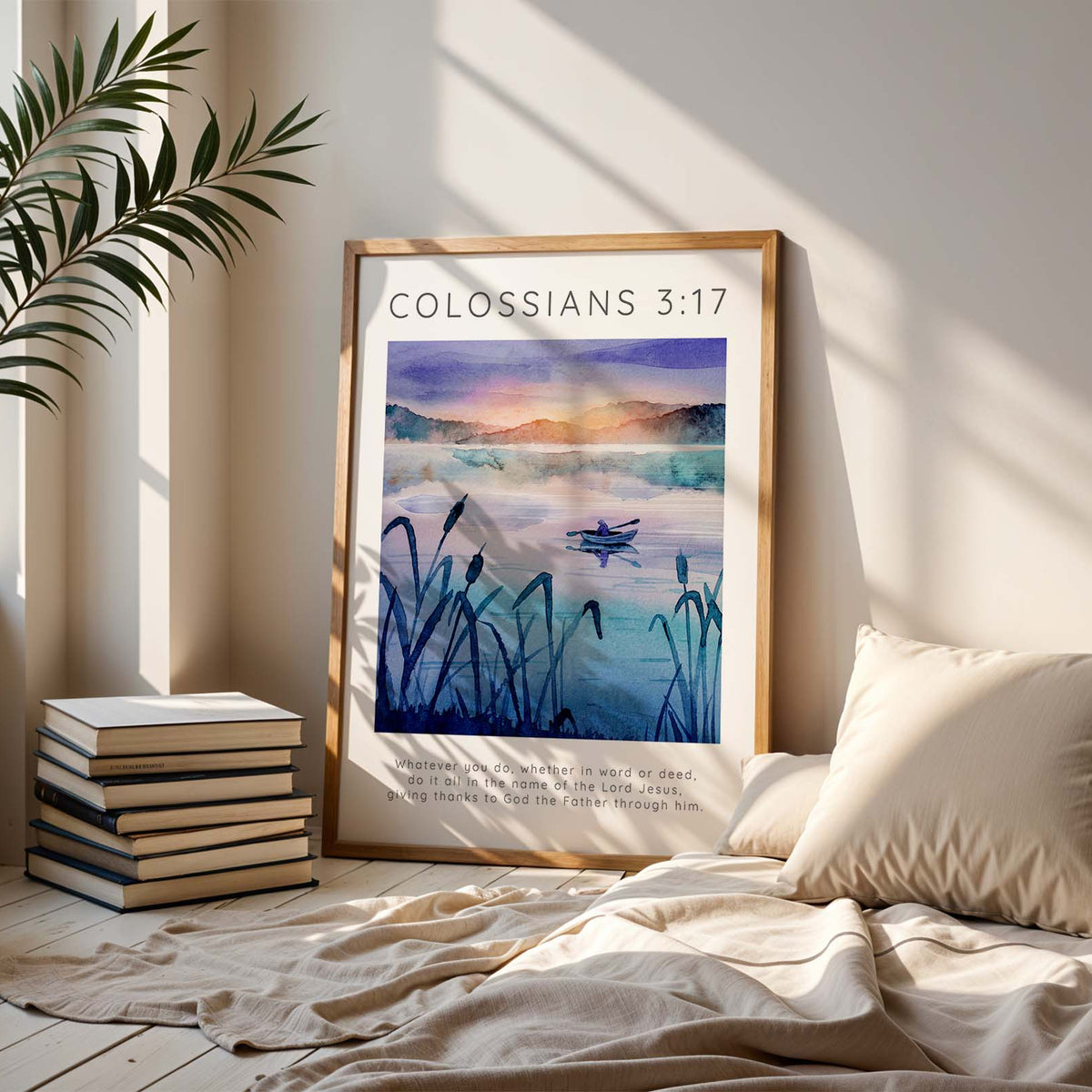 Mountain and river Bible print encouraging gratitude and purpose through faith. Faith-based wall decor with a scenic landscape and a verse about honouring Christ in word and deed.