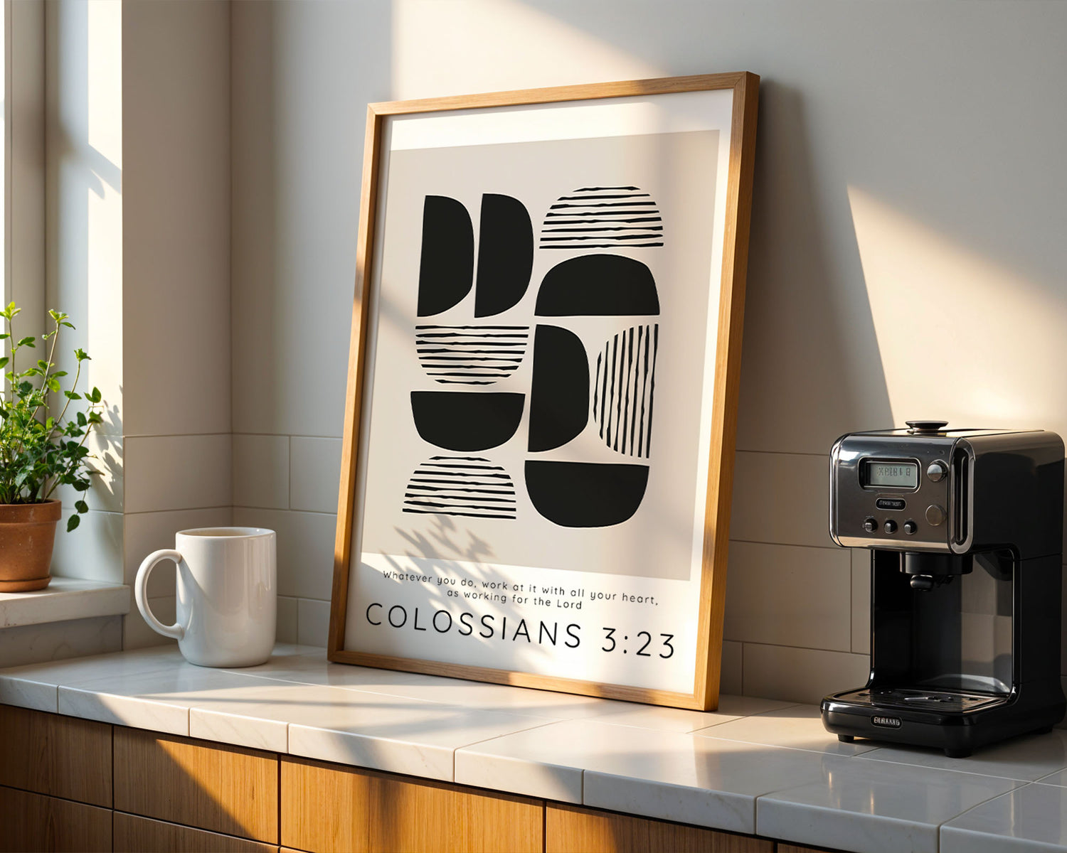 Christian wall art, Whatever You Do Work At It With All Your Heart, black and tan abstract print. Modern Christian office wall art, Whatever You Do Work At It With All Your Heart, abstract design