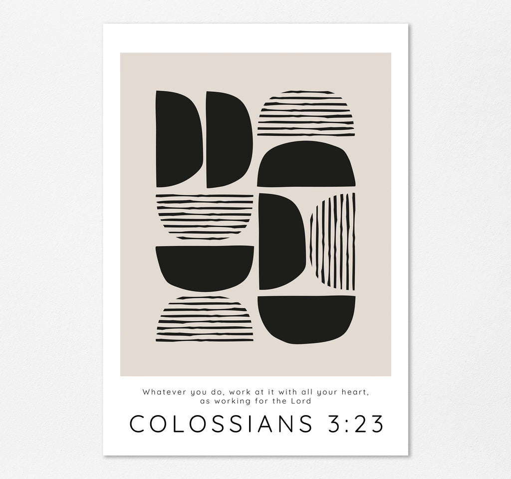 Colossians 3:23 Inspires: Abstract Bible Verse Print in Striking Black and Tan Tones