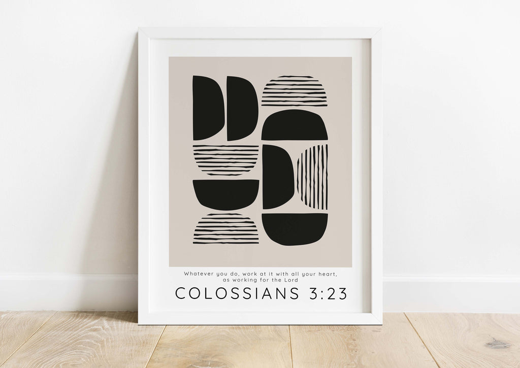 Work Ethic Meets Artistry: Colossians 3:23 Quote on Black and Tan Abstract Office Print