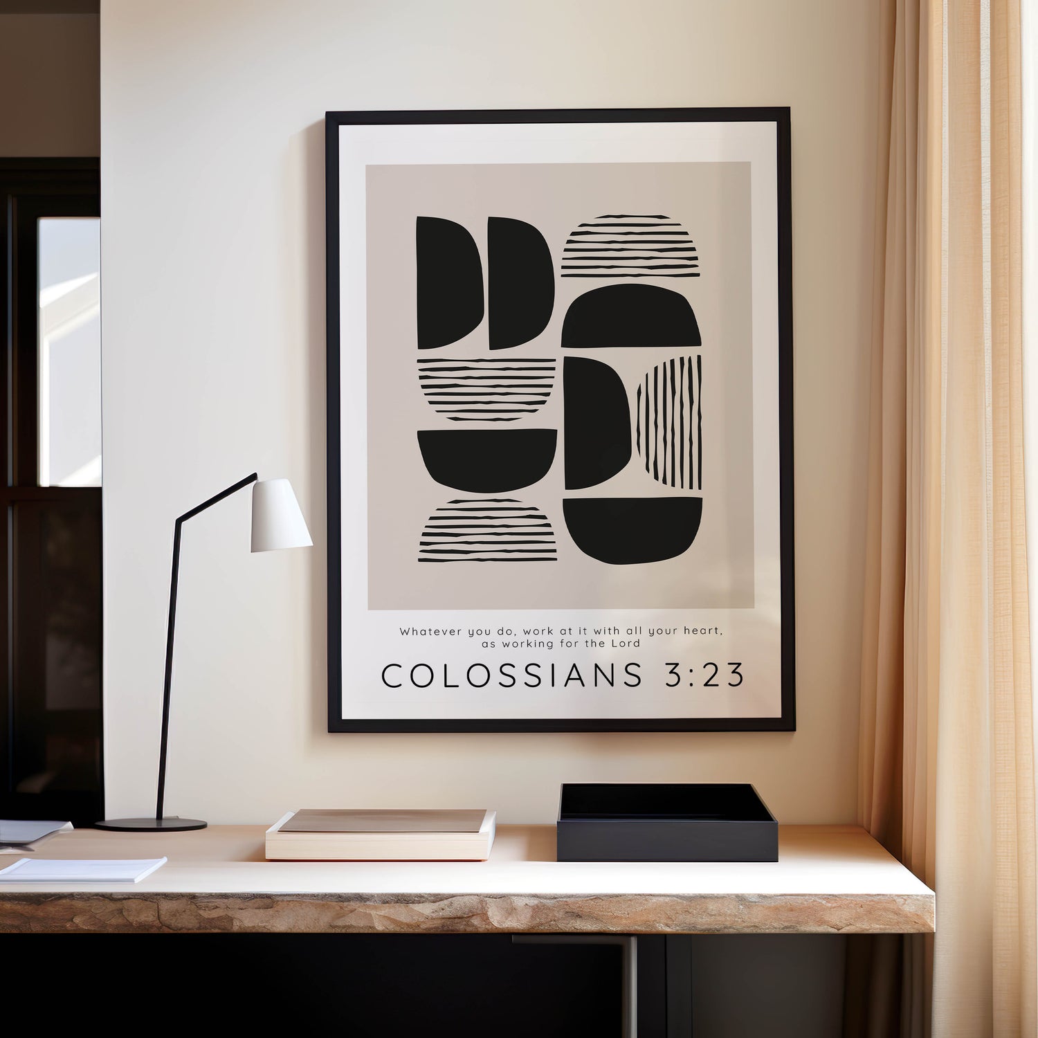 Inspirational Colossians 3 23 office decor print, black and tan abstract scripture art. Black and tan abstract Bible verse wall art featuring Colossians 3 23 for workspace inspiration.