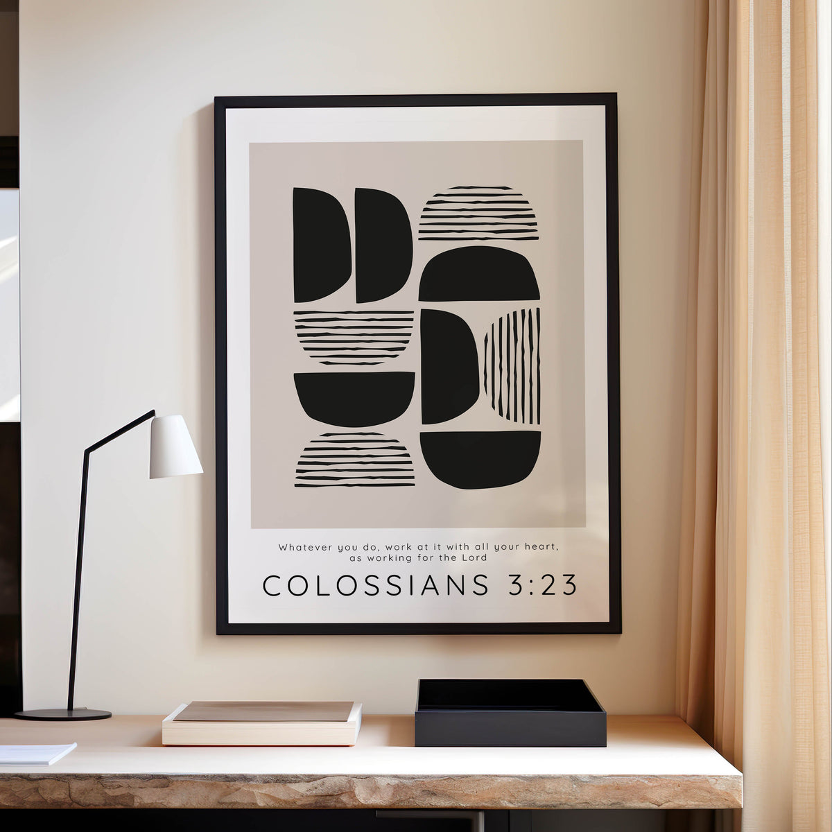 Inspirational Colossians 3 23 office decor print, black and tan abstract scripture art. Black and tan abstract Bible verse wall art featuring Colossians 3 23 for workspace inspiration.