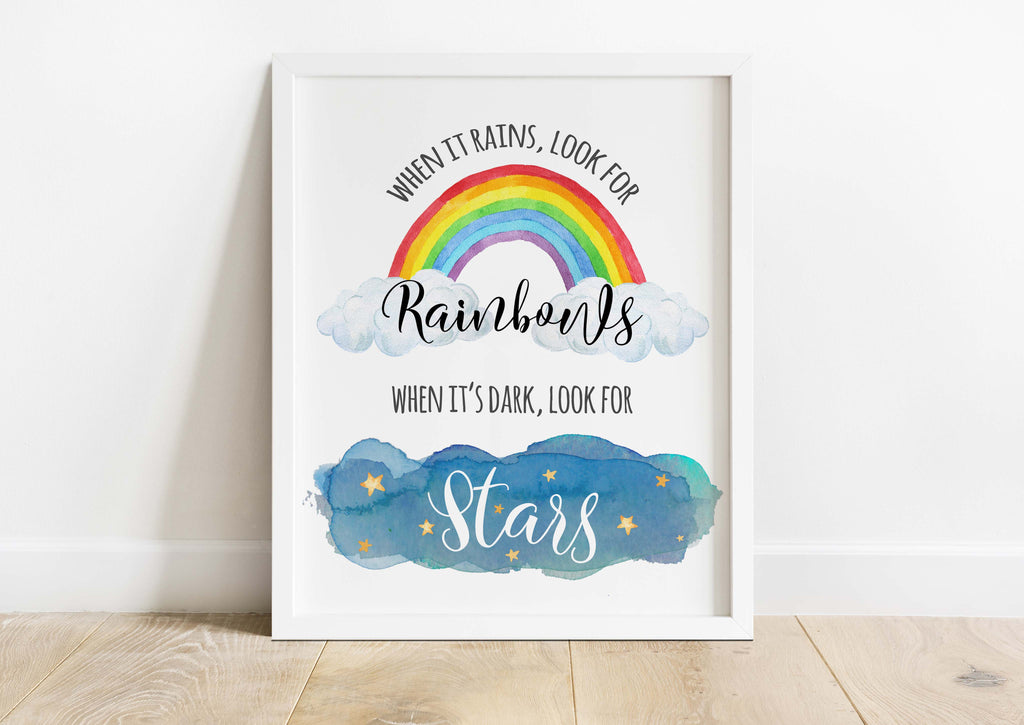 Inspirational rainbow quote print, Rainbow wall art with uplifting message, When It Rains Look For Rainbows print