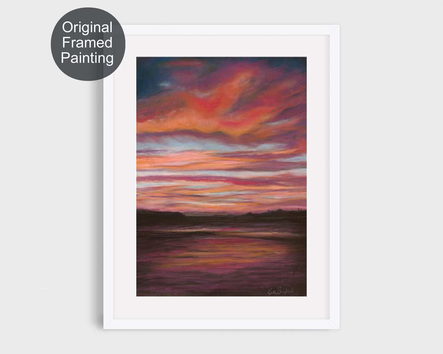 Framed pastel painting of a stormy sunset over Poole Bay from Whitecliffe, featuring red, orange, blue, and dark brown tones.