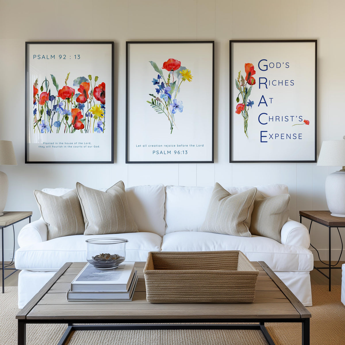 Christian wall art print set with vibrant floral illustrations and verses from Psalm 92:13, Psalm 96:13, and a GRACE acronym reflecting divine blessings.