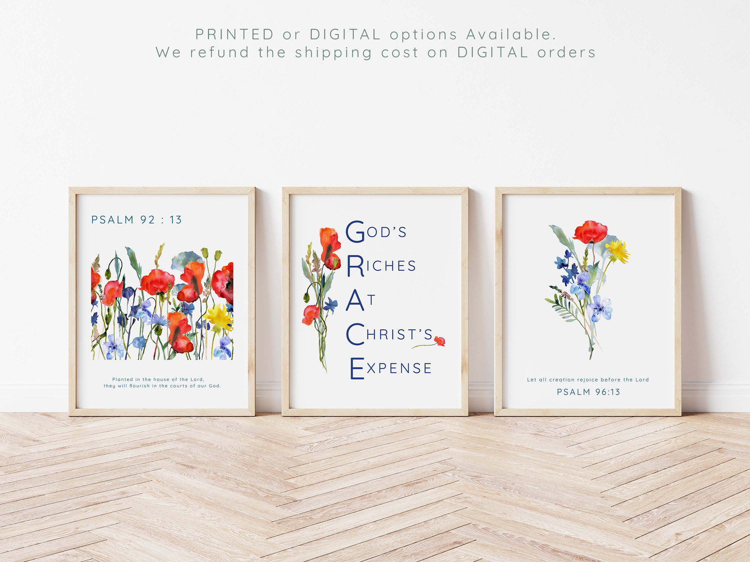 Inspirational wildflower wall prints, Psalm 92:13 blooming wildflower art, Grace acronym Christian scripture prints