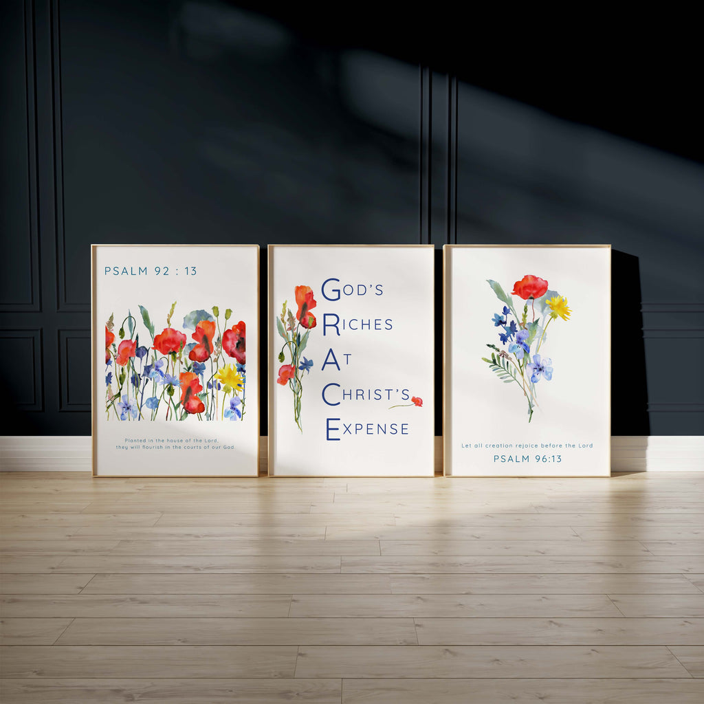 Elegant poppies and cornflowers Bible art, Nature-inspired GRACE acronym prints, Graceful Psalm 92:13 floral scripture set