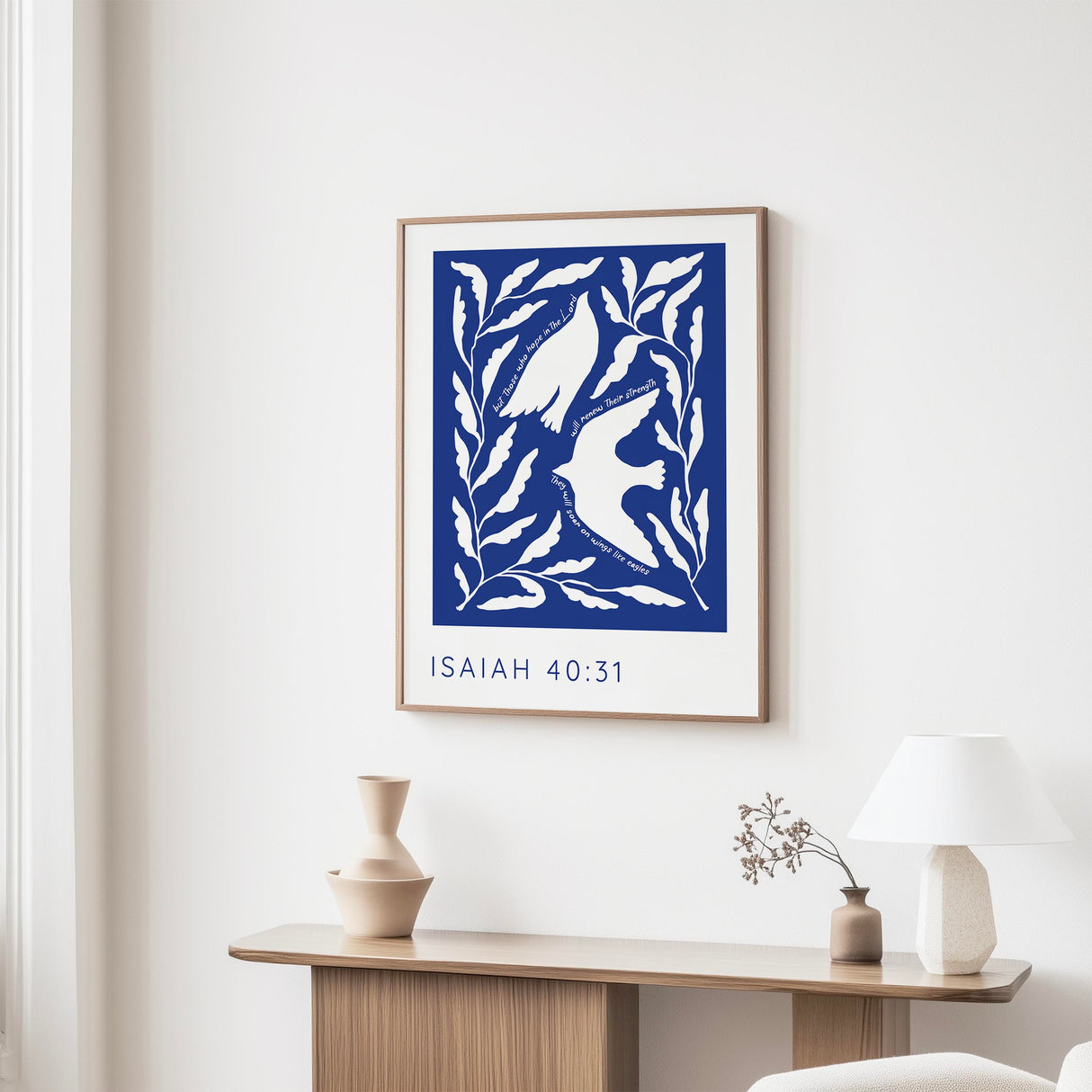 Isaiah 40:31 eagle Bible verse print with white birds soaring on a deep blue background and hope-filled scripture.