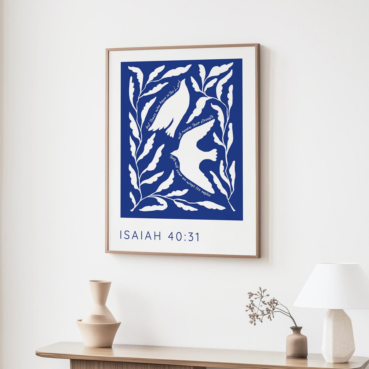 Isaiah 40:31 eagle Bible verse print with white birds soaring on a deep blue background and hope-filled scripture.