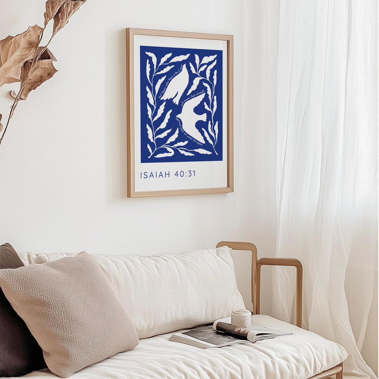 Christian wall art featuring “those who hope in the Lord” quote with graceful white birds and elegant blue tones.