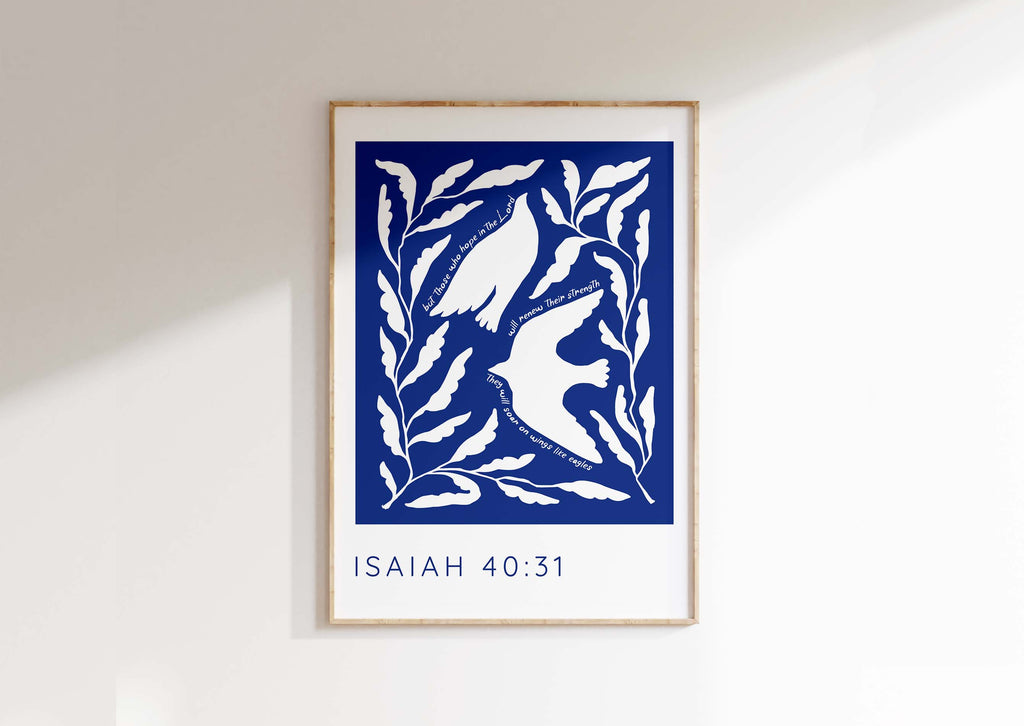 Find hope in the Lord - Isaiah 40:31 Bible prints with white birds soaring on wings like eagles against a dark blue backdrop.