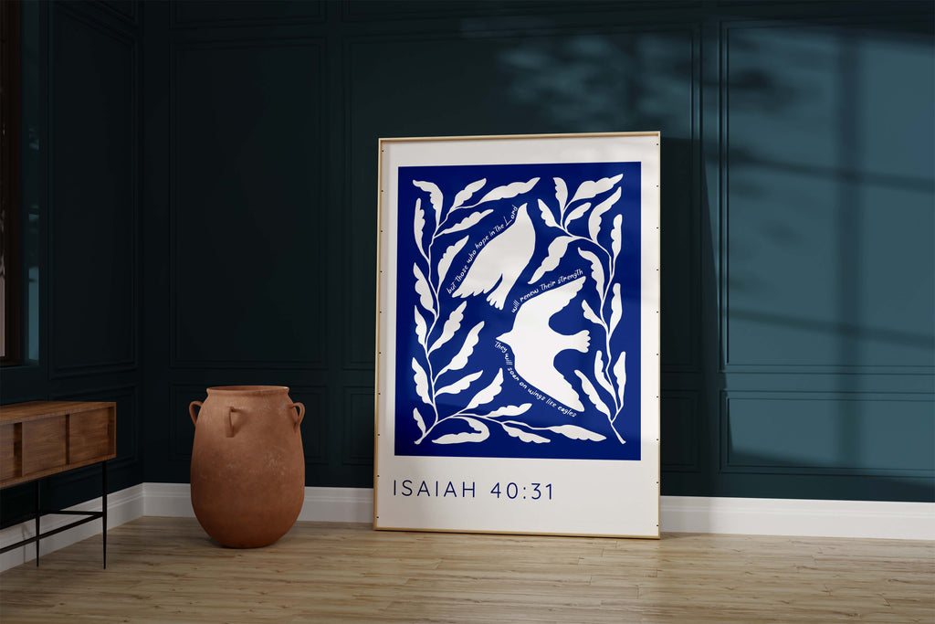 Isaiah 40:31 artwork - Two white birds and leaves on dark blue, reminding us to find strength and hope in the Lord