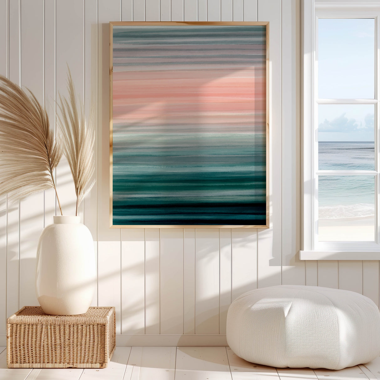 Chilling yet calming abstract print with deep blues, teal, and soft pink hues.