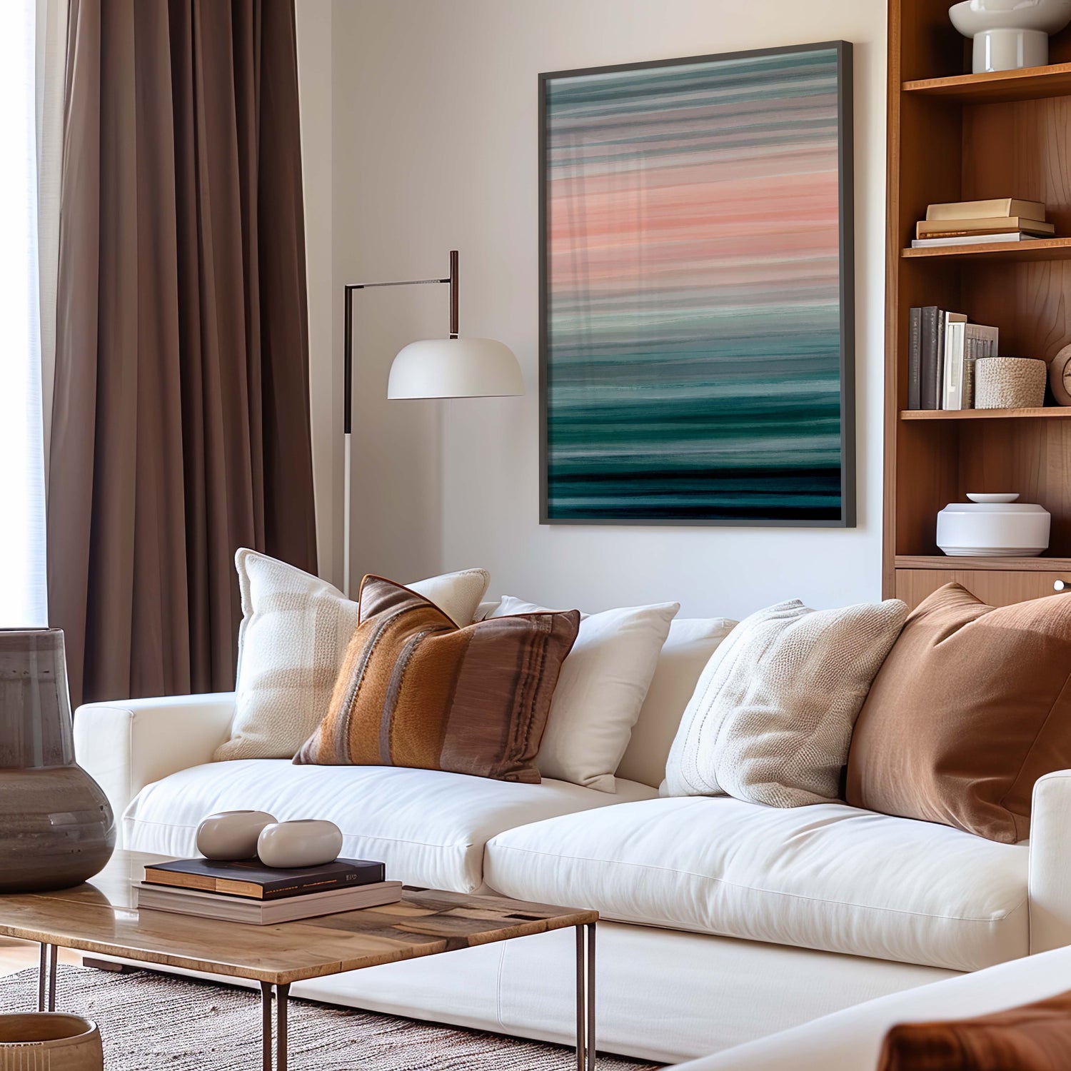 Horizontal striped artwork in cool, soothing shades of blue, teal, and pink.