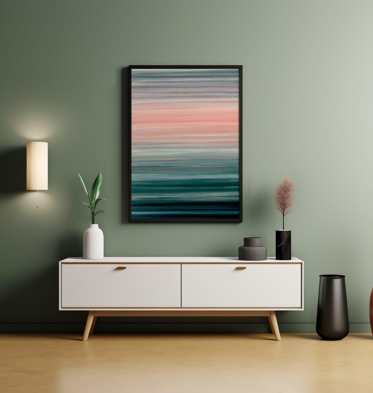 Striking modern painting with horizontal bands of dark blue, teal, and pink.