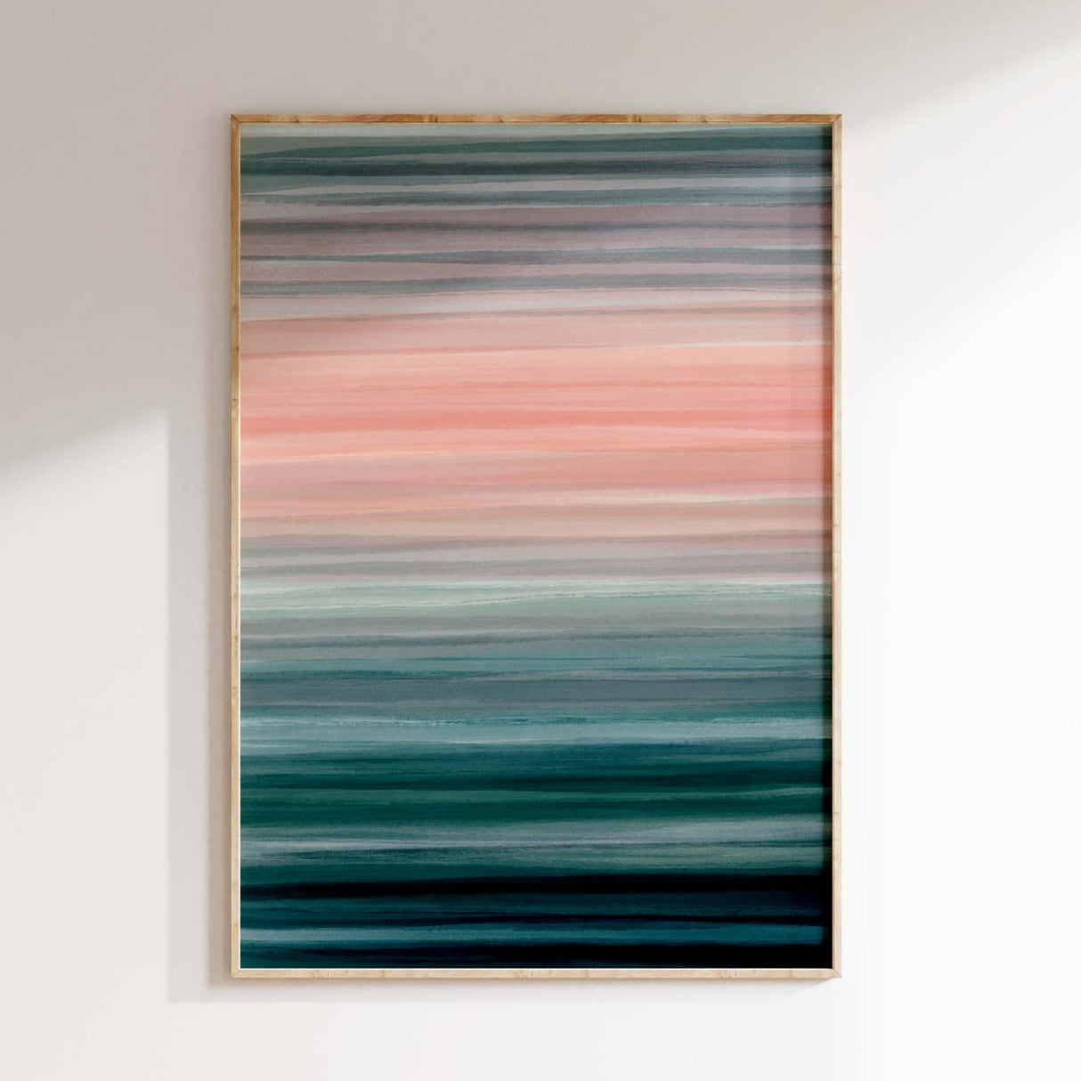 Winter abstract painting with deep blues, teal, and soft pink horizontal stripes.