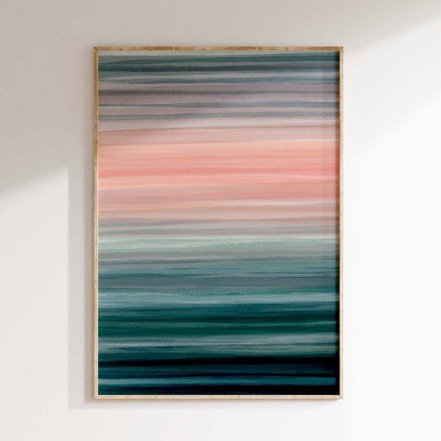 Winter abstract painting with deep blues, teal, and soft pink horizontal stripes.