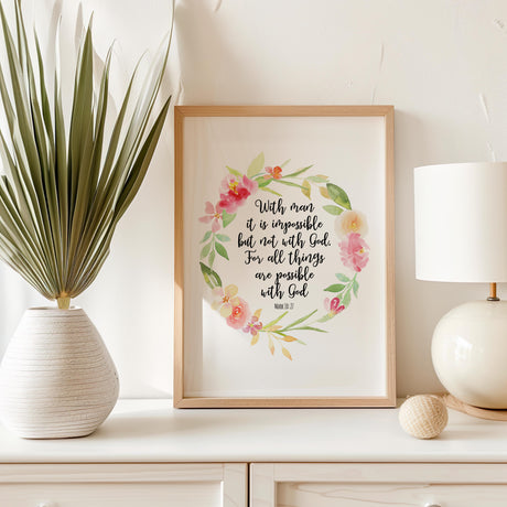 Watercolour floral wreath Bible art print with pastel tones and encouraging Christian quote.
