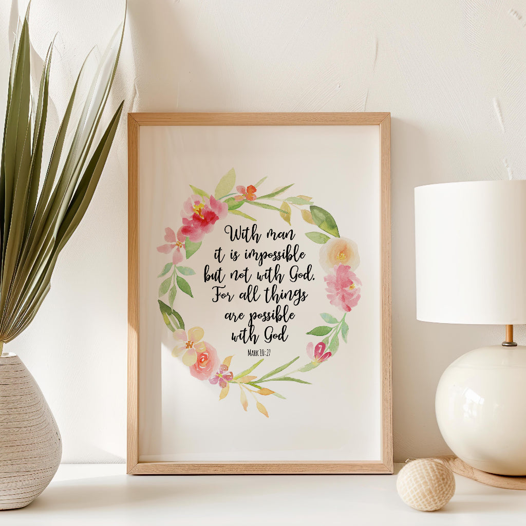 Watercolour floral wreath Bible art print with pastel tones and encouraging Christian quote.